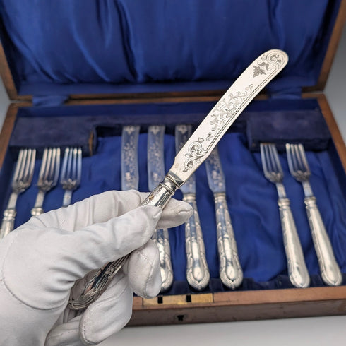 1923 British Antique Pure Silver Handle Dessert Cutlery 5 Pair Yates Brothers Wooden Box